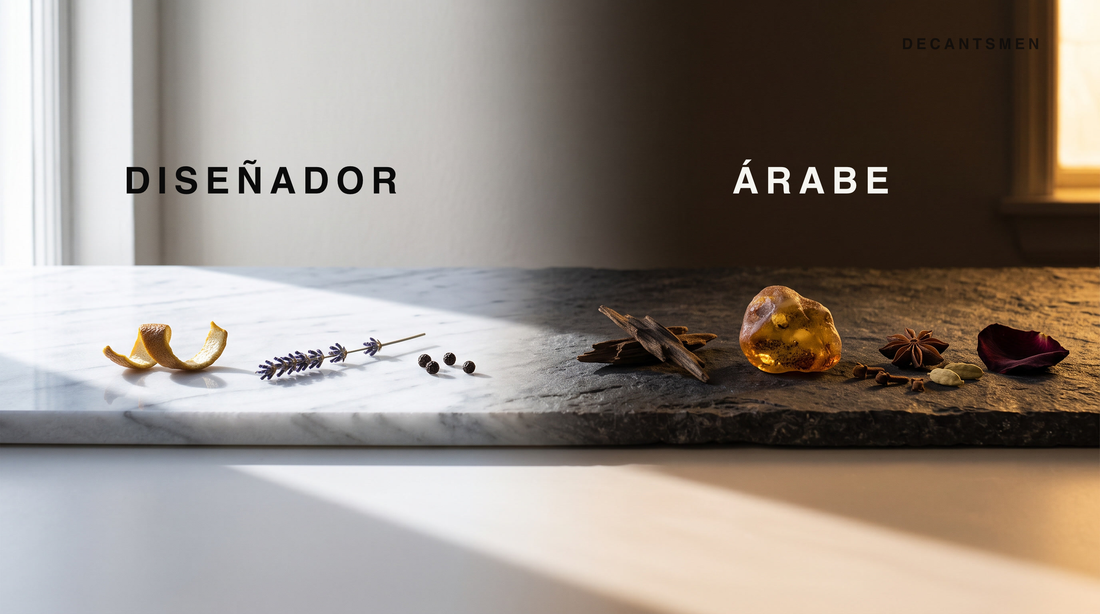 Materias primas de perfumeria sobre una superficie partida por la luz: citrico y lavanda del lado del diseñador, oud, ambar y especias del lado arabe