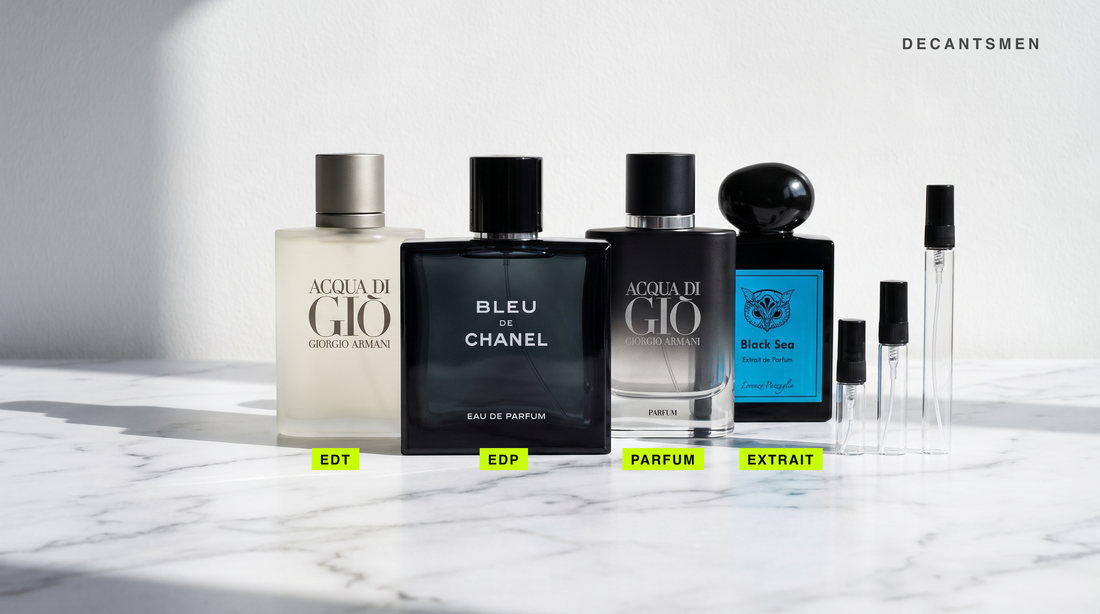 Botellas de perfume en fila sobre marmol, rotuladas EDT, EDP, Parfum y Extrait, junto a los atomizadores de Decantsmen