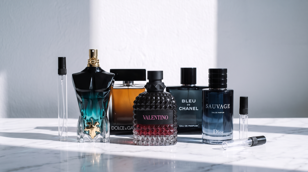 Decants de perfumes de diseñador para hombre: Dior Sauvage, Bleu de Chanel, Valentino Uomo, Jean Paul Gaultier Le Beau y Dolce & Gabbana The One