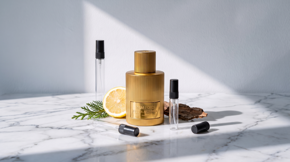 Decant de Tom Ford Costa Azzurra Parfum sobre marmol blanco, junto a los atomizadores de 3, 5 y 10 ml
