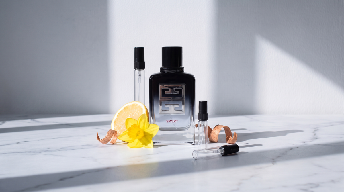 Decant de Givenchy Gentleman Society Sport sobre marmol blanco, junto a los atomizadores de 3, 5 y 10 ml