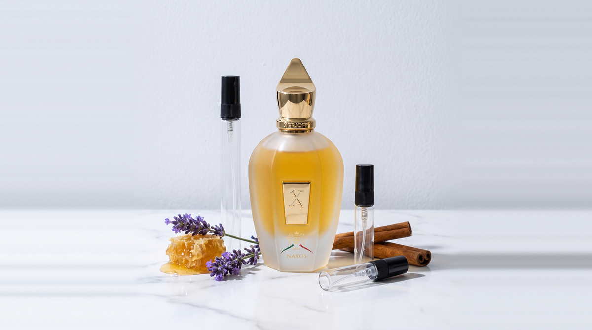 Decants de Xerjoff en 3, 5 y 10 ml junto a la botella original de Naxos