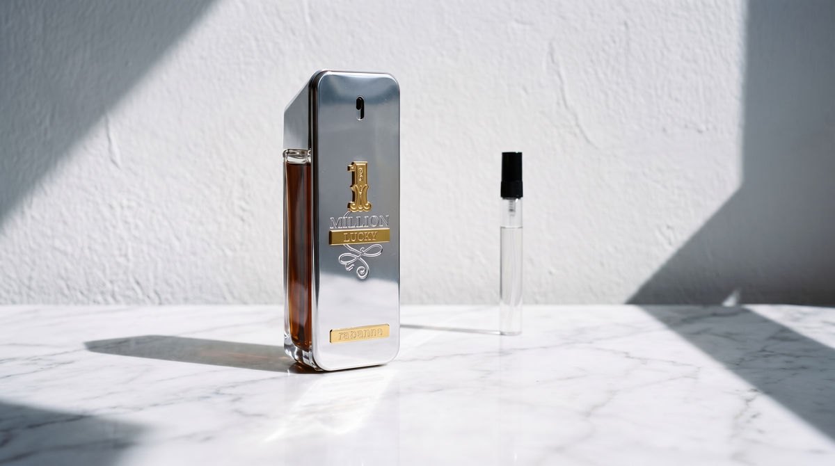 Botella original de Paco Rabanne 1 Million Lucky junto a un decant de vidrio sobre mármol blanco