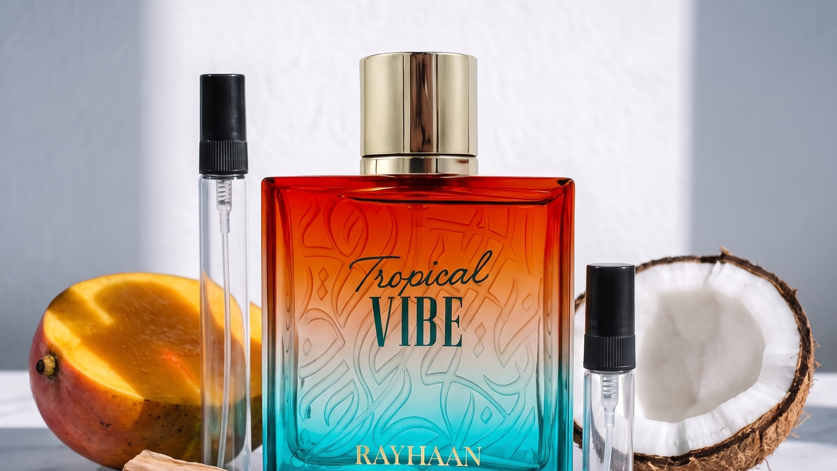Decants de Rayhaan: la botella naranjo y turquesa de Tropical Vibe junto a tres atomizadores de vidrio sobre marmol