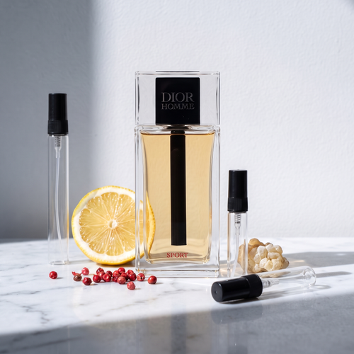 Decant de Dior Homme Sport en 3, 5 y 10 ml junto a la botella original de Dior