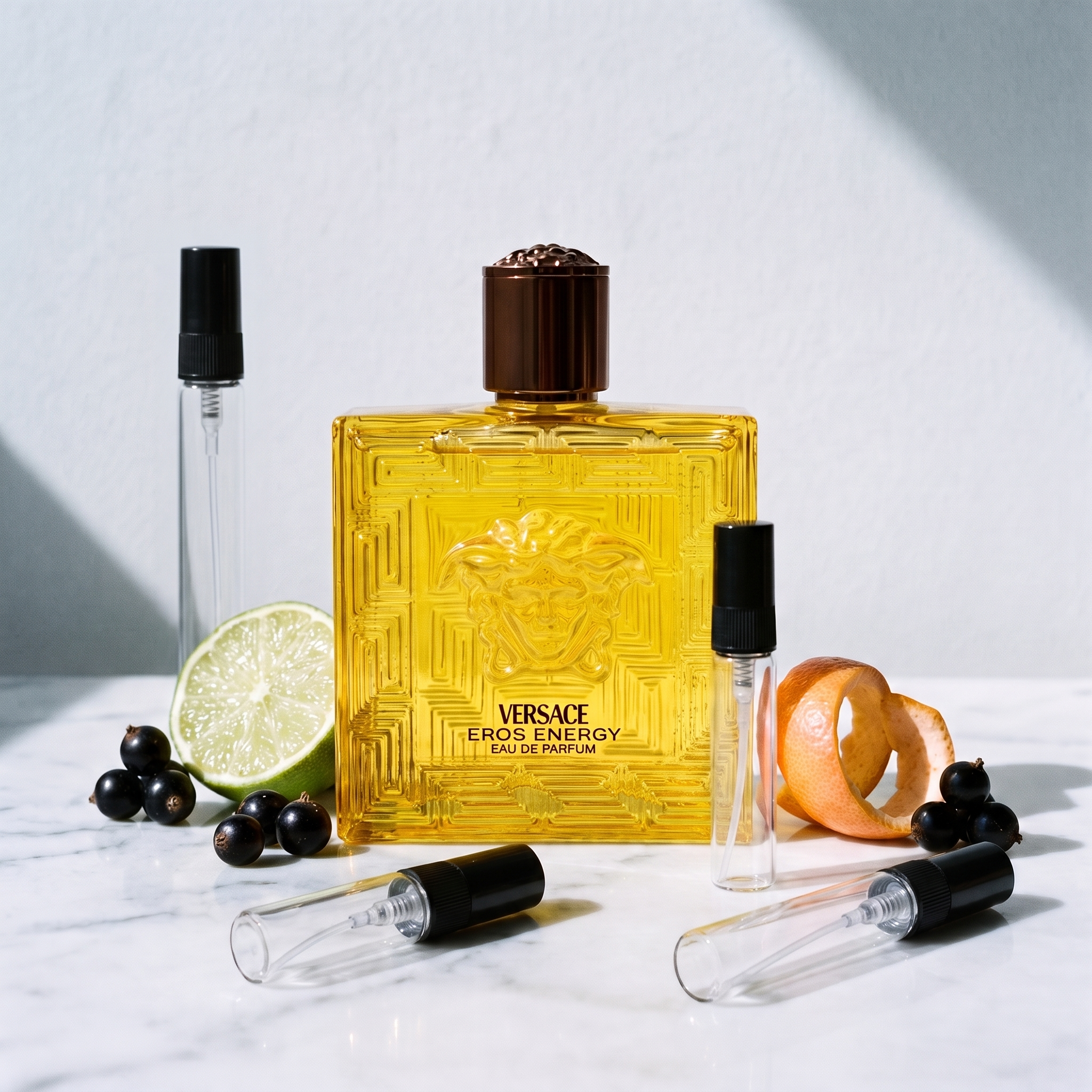 Decant de Versace Eros Energy Eau de Parfum en 3, 5 y 10 ml junto a la botella original de Versace