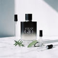 Decant de Acqua di Giò Parfum en 3, 5 y 10 ml junto a la botella original de Giorgio Armani