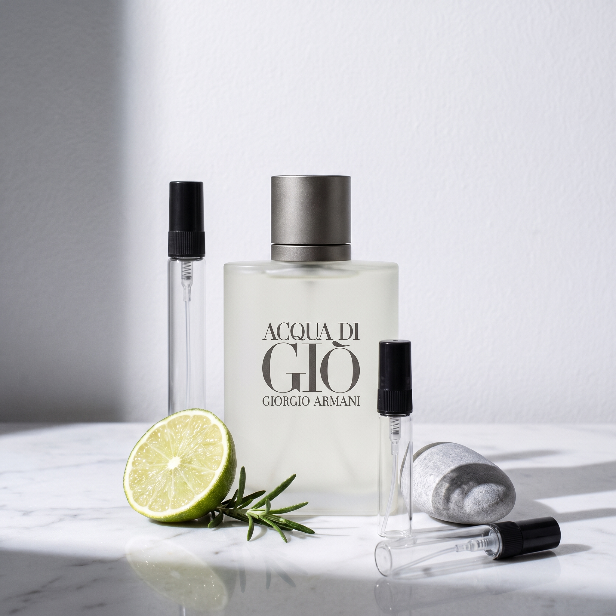 Decant de Acqua di Giò Eau de Toilette en 3, 5 y 10 ml junto a la botella original de Giorgio Armani