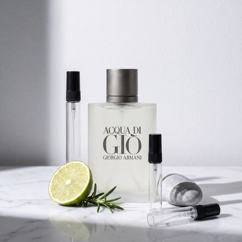 Decant de Acqua di Giò Eau de Toilette en 3, 5 y 10 ml junto a la botella original de Giorgio Armani