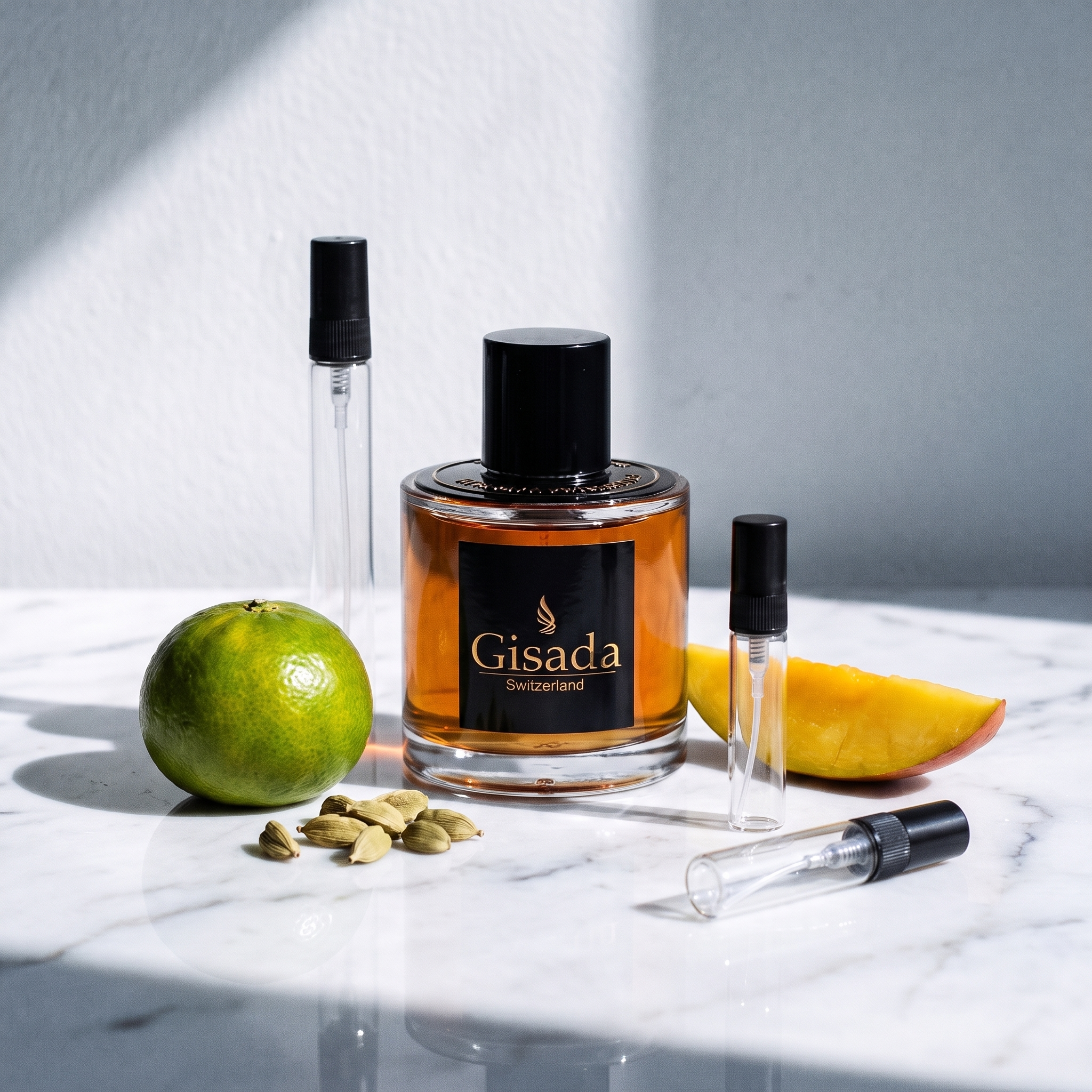 Decant de Gisada Ambassador for Men en 3, 5 y 10 ml junto a la botella original de Gisada