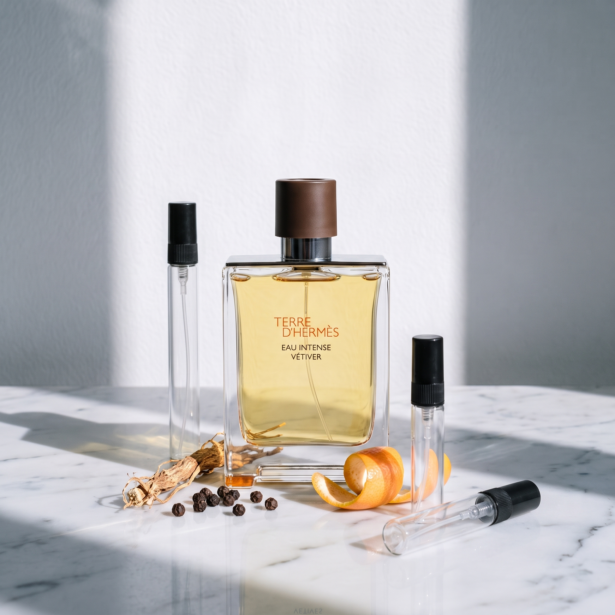 Decant de Terre d'Hermès Eau Intense Vétiver en 3, 5 y 10 ml junto a la botella original de Hermès