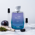 Decant de Rasasi Hawas Ice en 3, 5 y 10 ml junto a la botella azul degradada original de Rasasi