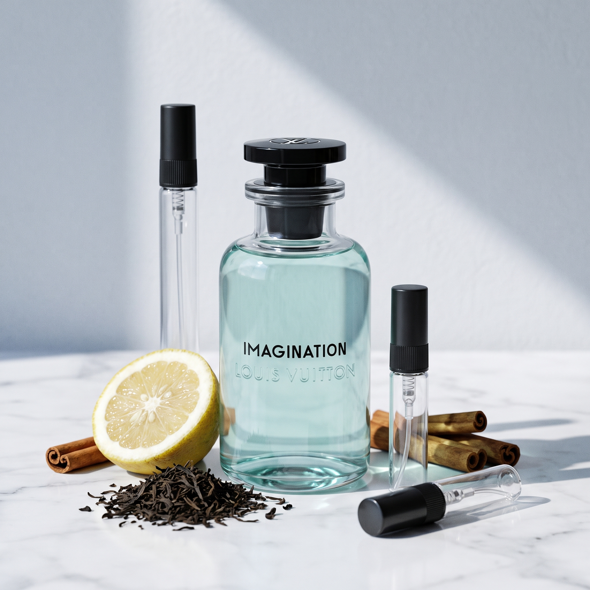 Decant de Louis Vuitton Imagination en 3, 5 y 10 ml junto a la botella transparente original de Louis Vuitton con hojas de té negro, una cidra partida y canela de Ceilán