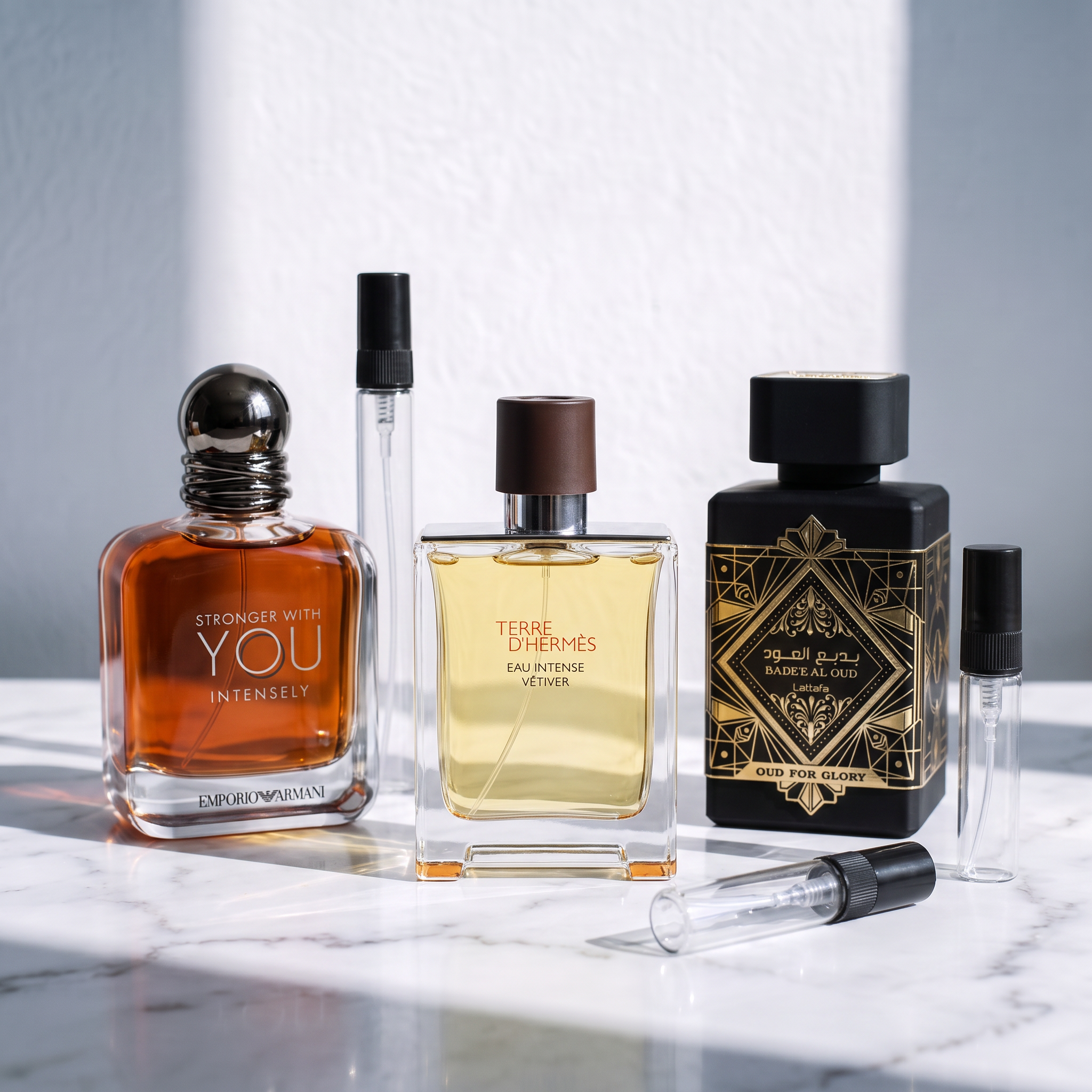 Pack Los Que Más Duran: Armani Stronger With You Intensely, Terre d'Hermès Eau Intense Vétiver y Lattafa Oud for Glory sobre mármol, con los tres atomizadores