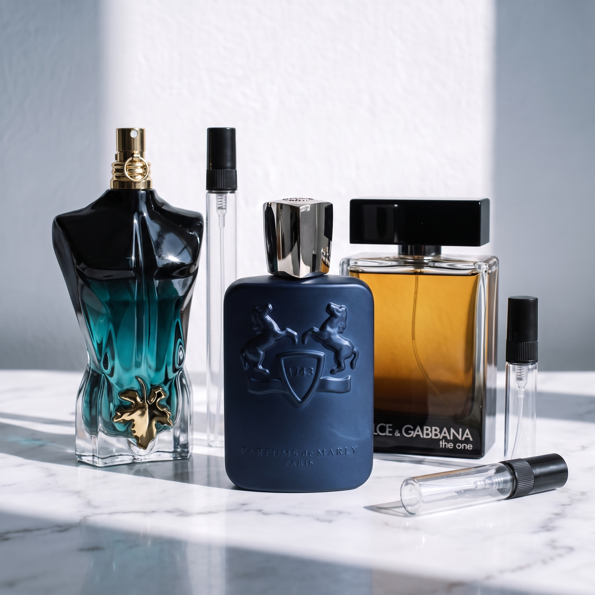Pack Para Salir de Noche: JPG Le Beau Le Parfum, Parfums de Marly Layton y D&G The One sobre mármol, con los tres atomizadores de 3, 5 y 10 ml
