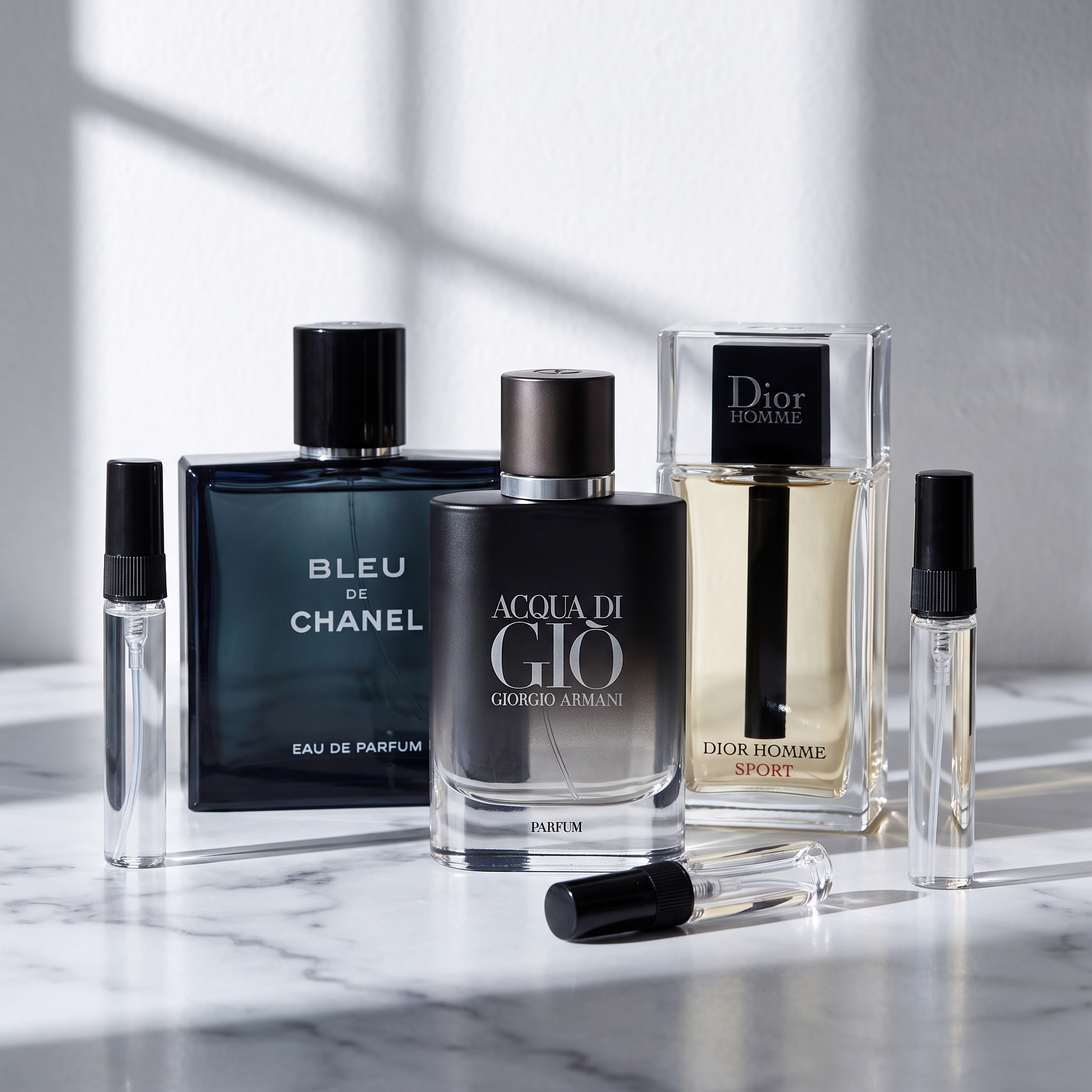 Pack Para la Pega: Bleu de Chanel EDP, Acqua di Giò Parfum y Dior Homme Sport sobre mármol, con los tres atomizadores de 3, 5 y 10 ml