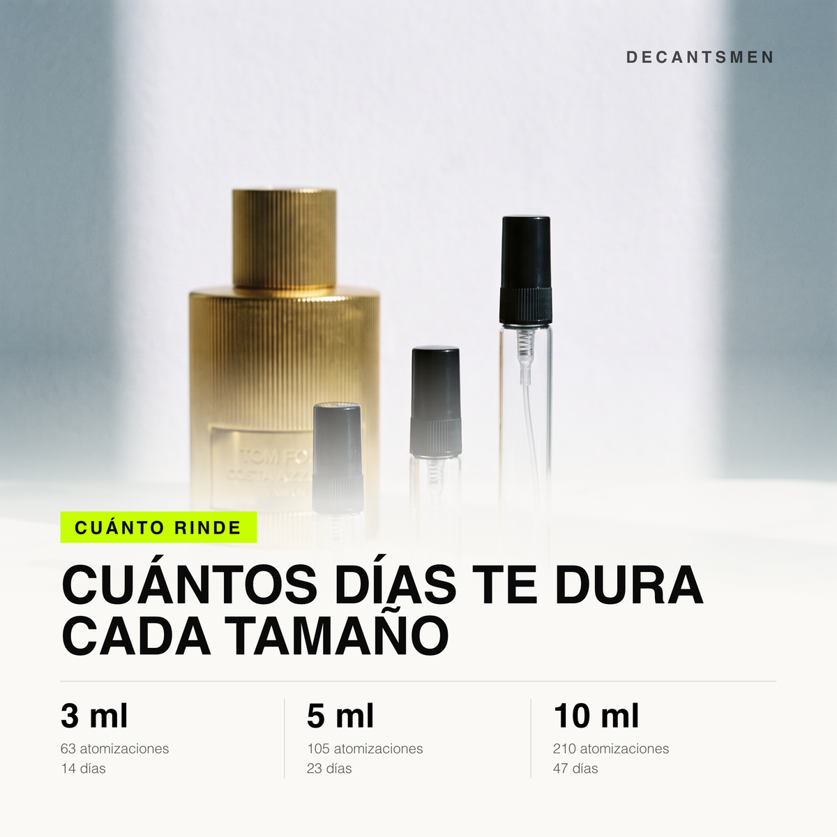 Cuanto rinde cada tamano de decant de Tom Ford Costa Azzurra Parfum: 3 ml 63 atomizaciones, 5 ml 105, 10 ml 210