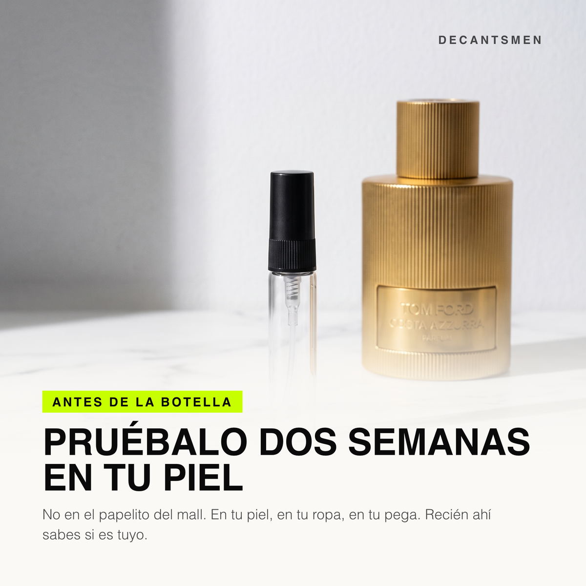 Decant de Tom Ford Costa Azzurra Parfum junto a la botella original: pruebalo dos semanas en tu piel