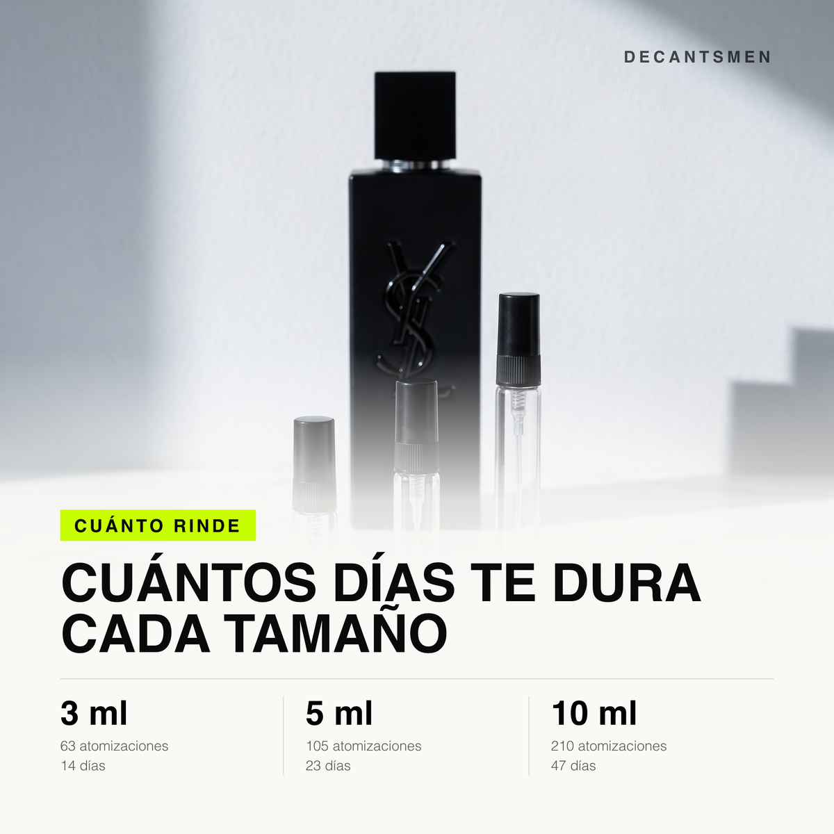 Cuanto rinde cada tamano de decant de Yves Saint Laurent Myslf Le Parfum: 3 ml 63 atomizaciones, 5 ml 105, 10 ml 210