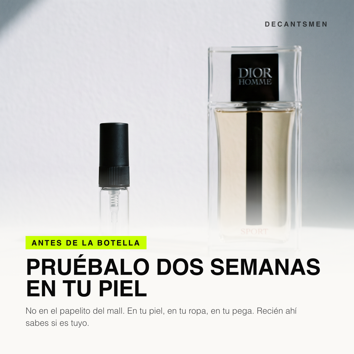 Decant de Dior Homme Sport junto a la botella original: pruebalo dos semanas en tu piel