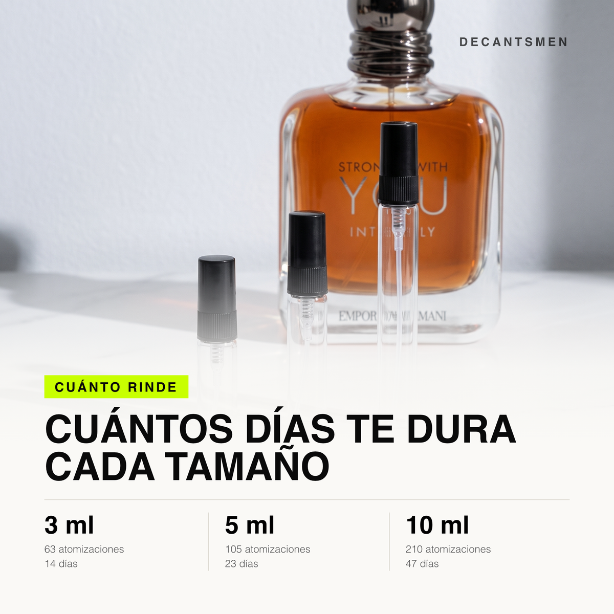 Cuanto rinde cada tamano de decant de Emporio Armani Stronger With You Intensely: 3 ml 63 atomizaciones, 5 ml 105, 10 ml 210
