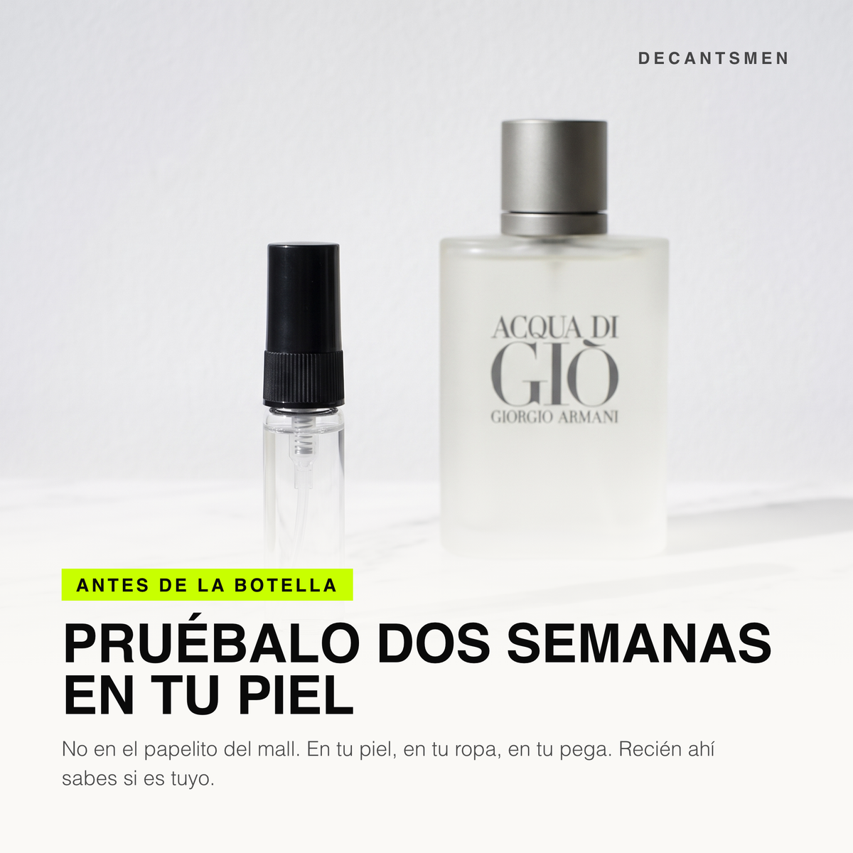 Decant de Acqua di Giò Eau de Toilette junto a la botella original: pruebalo dos semanas en tu piel