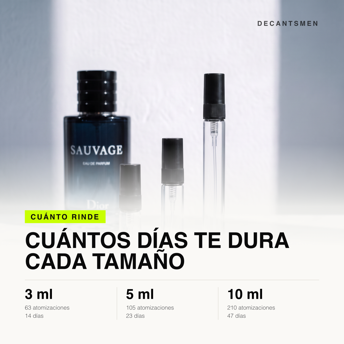 Cuanto rinde cada tamano de decant de Dior Sauvage Eau de Parfum: 3 ml 63 atomizaciones, 5 ml 105, 10 ml 210