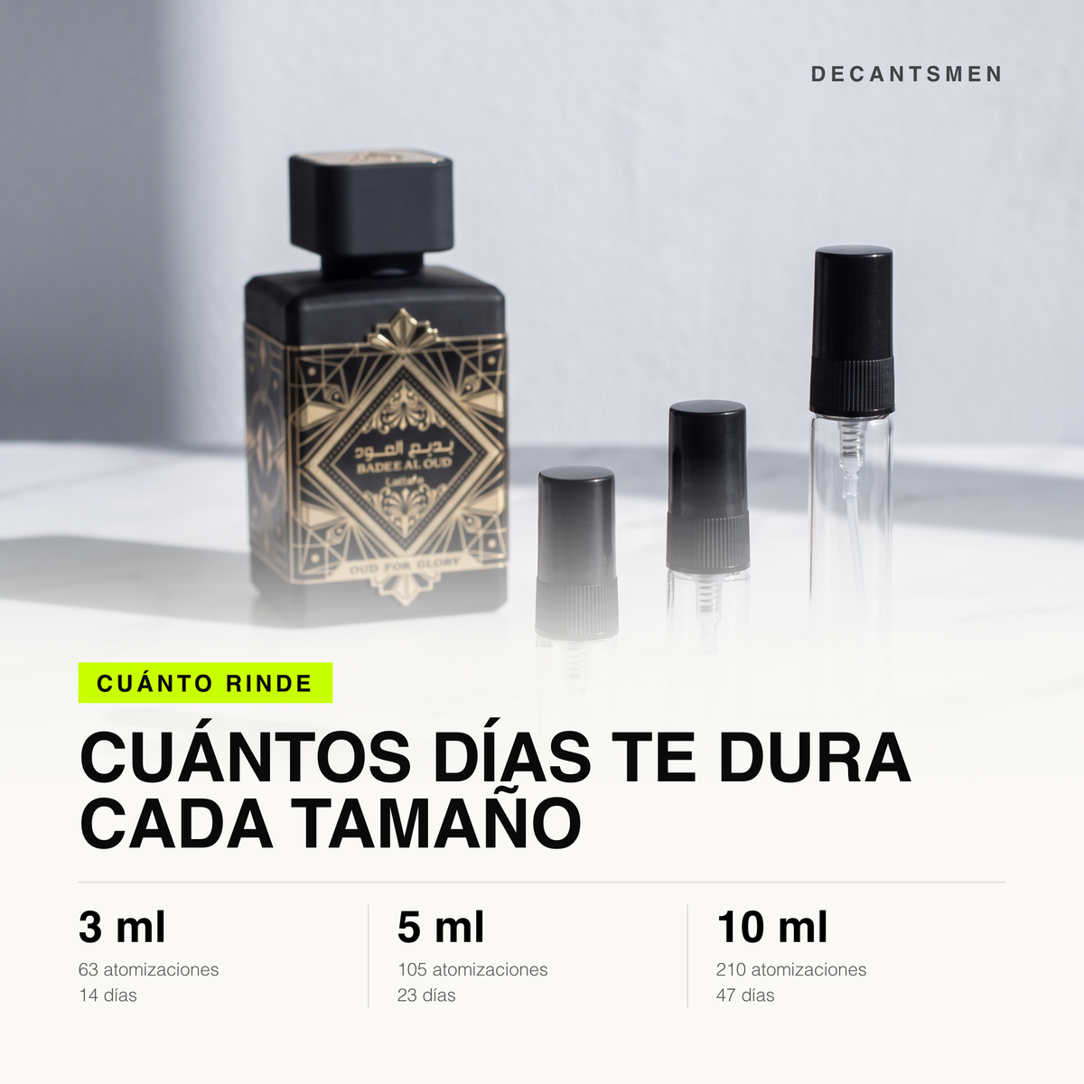 Cuanto rinde cada tamano de decant de Lattafa Bade'e Al Oud Oud for Glory: 3 ml 63 atomizaciones, 5 ml 105, 10 ml 210