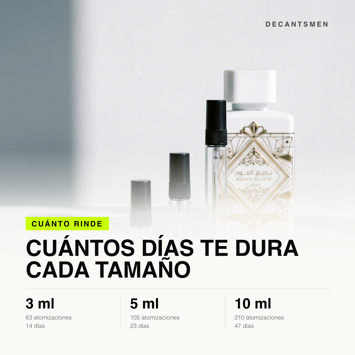 Cuanto rinde cada tamano de decant de Lattafa Bade'e Al Oud Honor & Glory: 3 ml 63 atomizaciones, 5 ml 105, 10 ml 210
