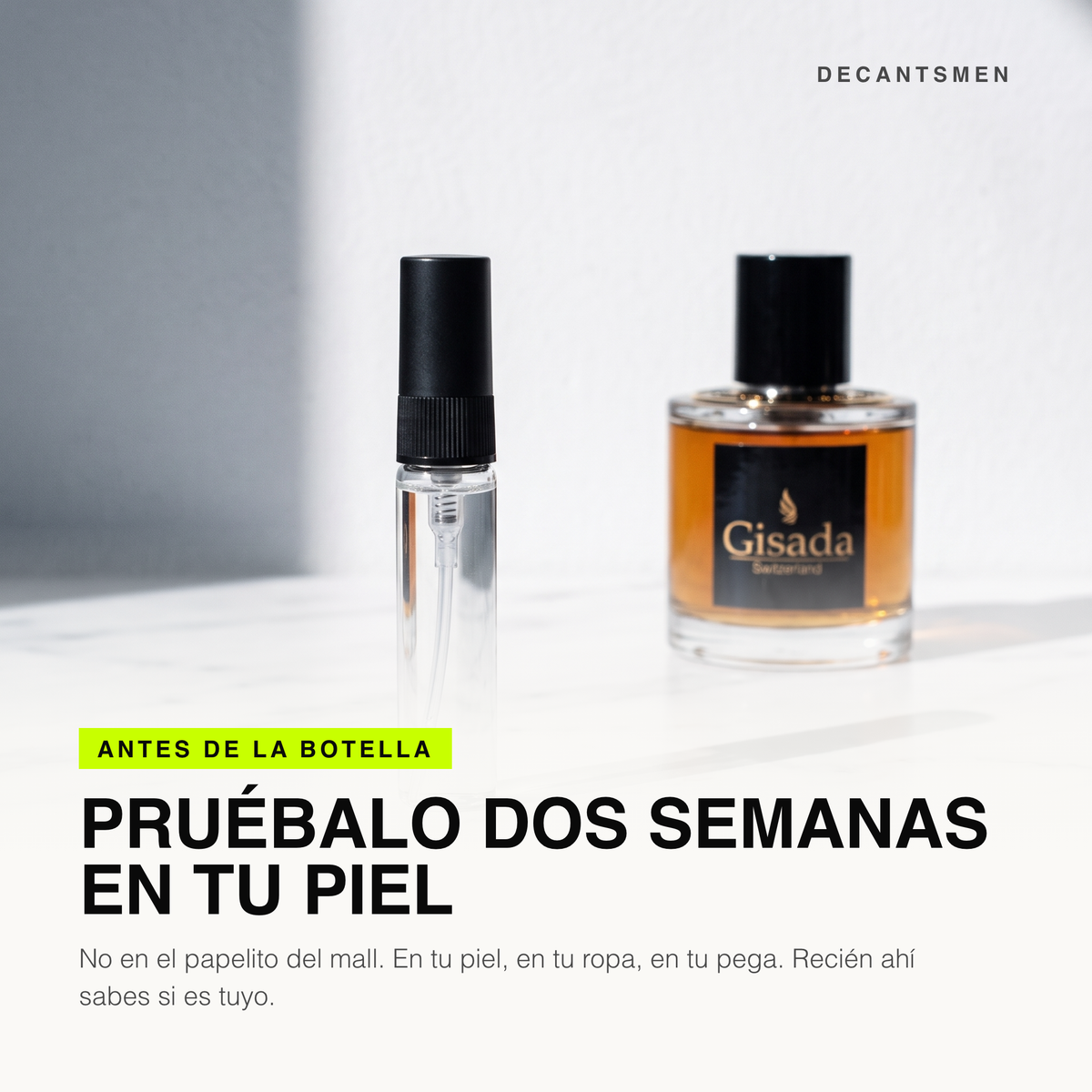 Decant de Gisada Ambassador for Men junto a la botella original: pruebalo dos semanas en tu piel