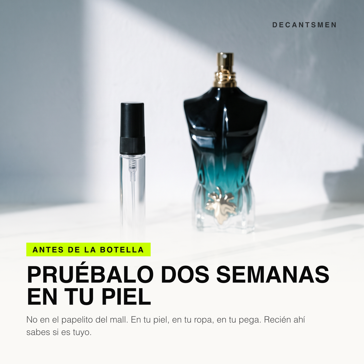 Decant de Jean Paul Gaultier Le Beau Le Parfum junto a la botella original: pruebalo dos semanas en tu piel