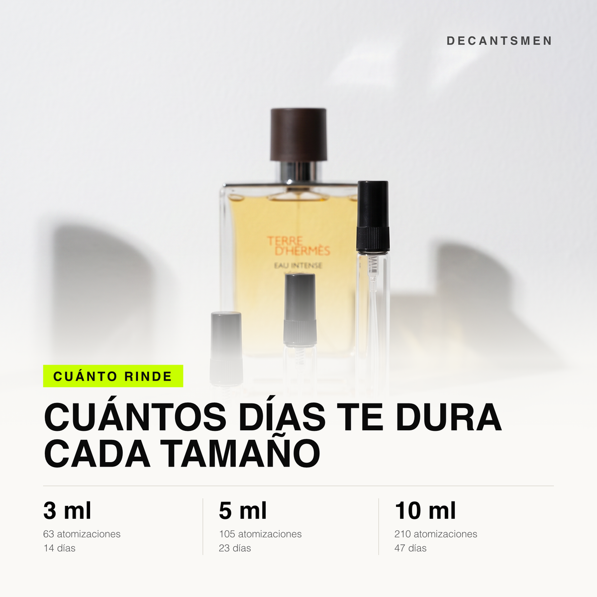 Cuanto rinde cada tamano de decant de Terre d'Hermès Eau Intense Vétiver: 3 ml 63 atomizaciones, 5 ml 105, 10 ml 210
