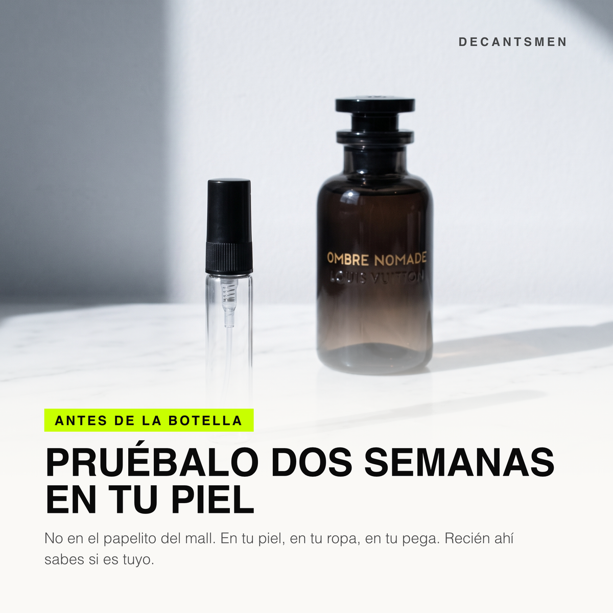 Decant de Louis Vuitton Ombre Nomade junto a la botella original: pruebalo dos semanas en tu piel