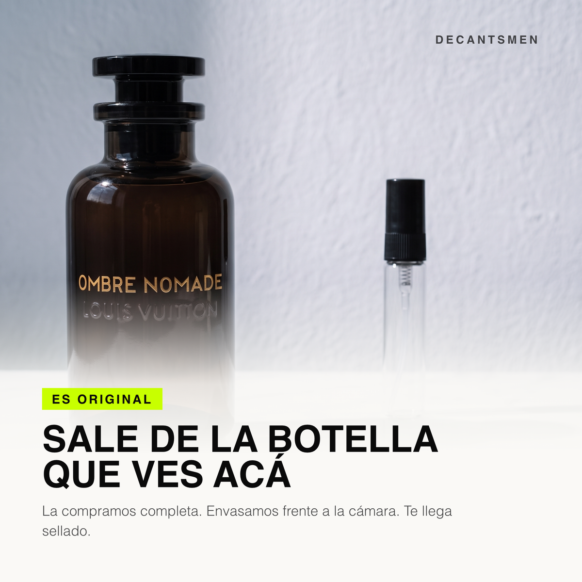 El decant de Louis Vuitton Ombre Nomade sale de la botella original, envasado frente a la camara
