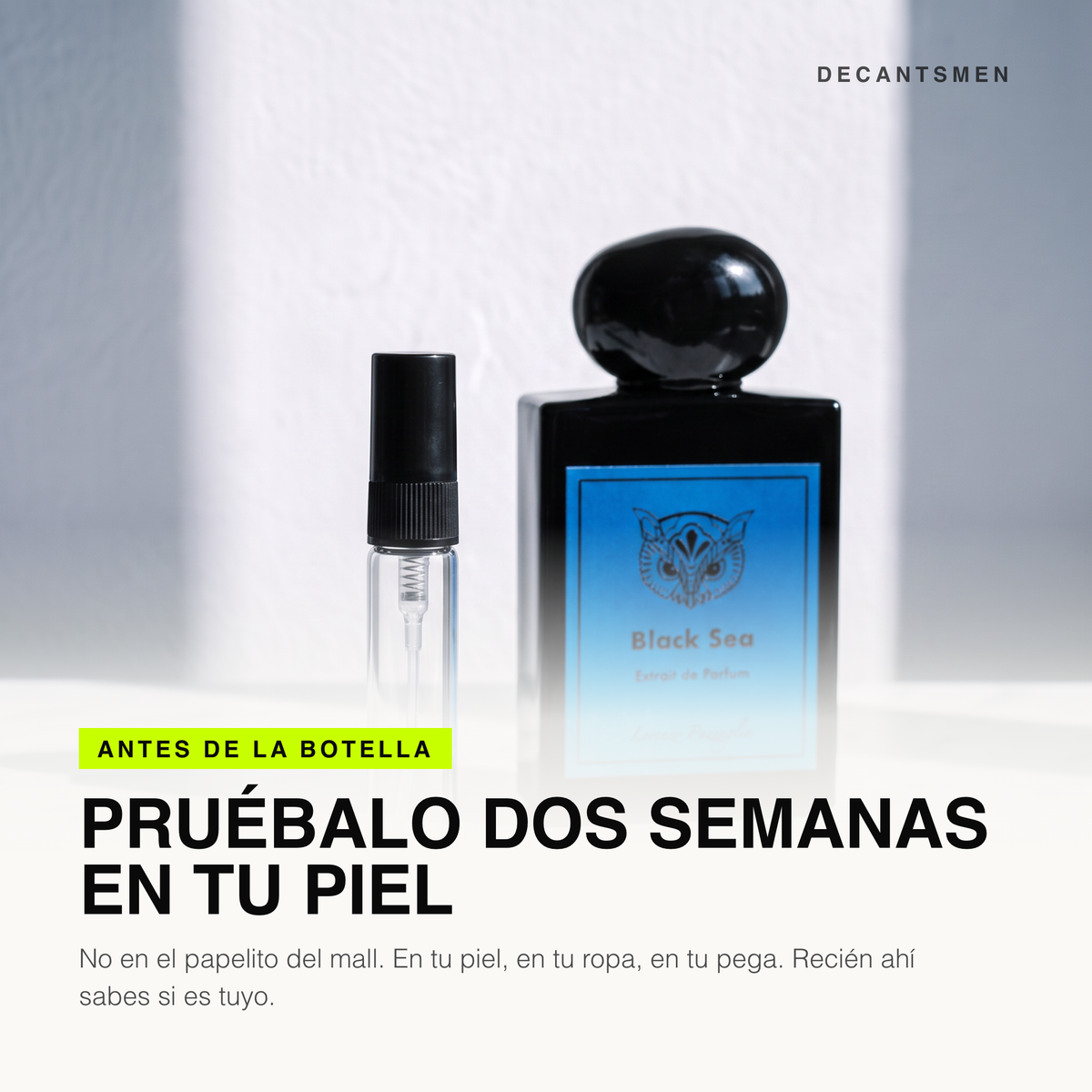 Decant de Lorenzo Pazzaglia Black Sea Extrait de Parfum junto a la botella original: pruebalo dos semanas en tu piel