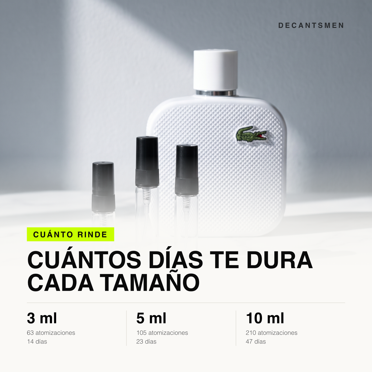 Cuanto rinde cada tamano de decant de Lacoste L.12.12 Blanc Eau de Toilette: 3 ml 63 atomizaciones, 5 ml 105, 10 ml 210