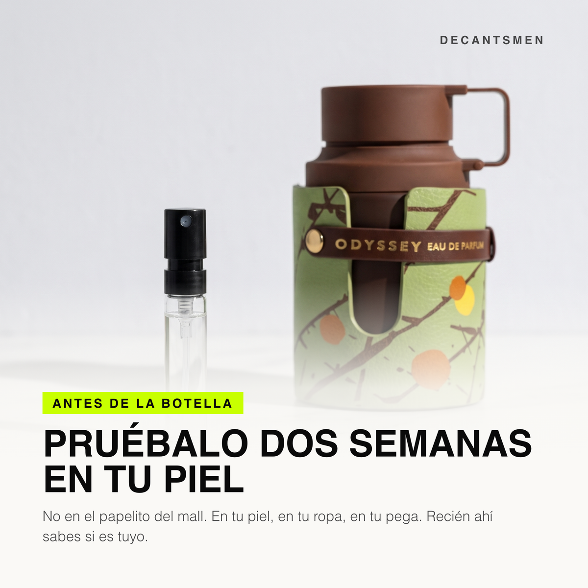 Decant de Armaf Odyssey Dubai Chocolat junto a la botella original: pruebalo dos semanas en tu piel