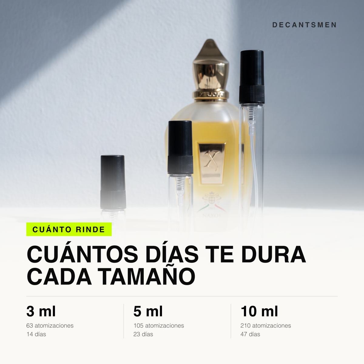 Cuanto rinde cada tamano de decant de Xerjoff Naxos: 3 ml 63 atomizaciones, 5 ml 105, 10 ml 210