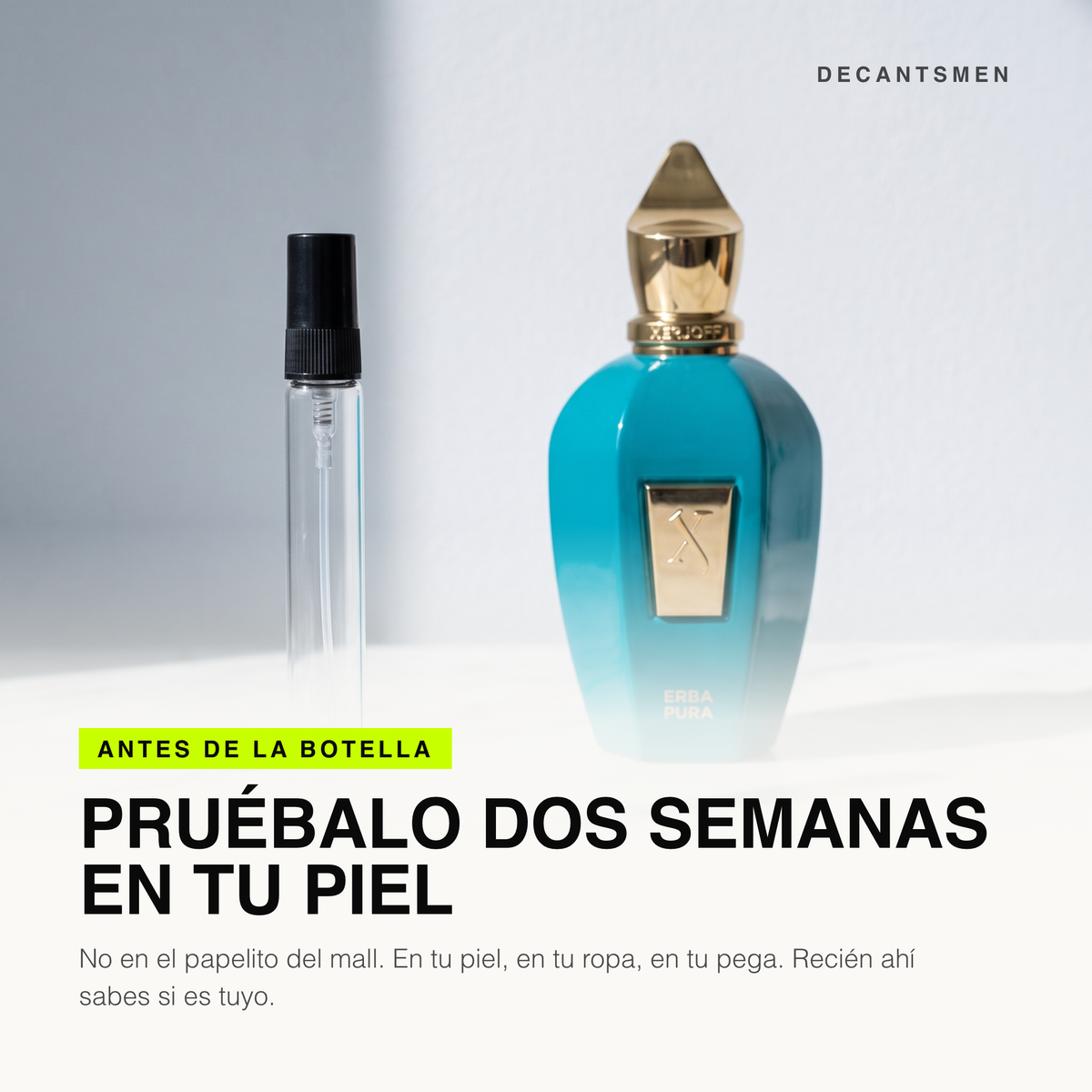 Decant de Xerjoff Erba Pura junto a la botella original: pruebalo dos semanas en tu piel
