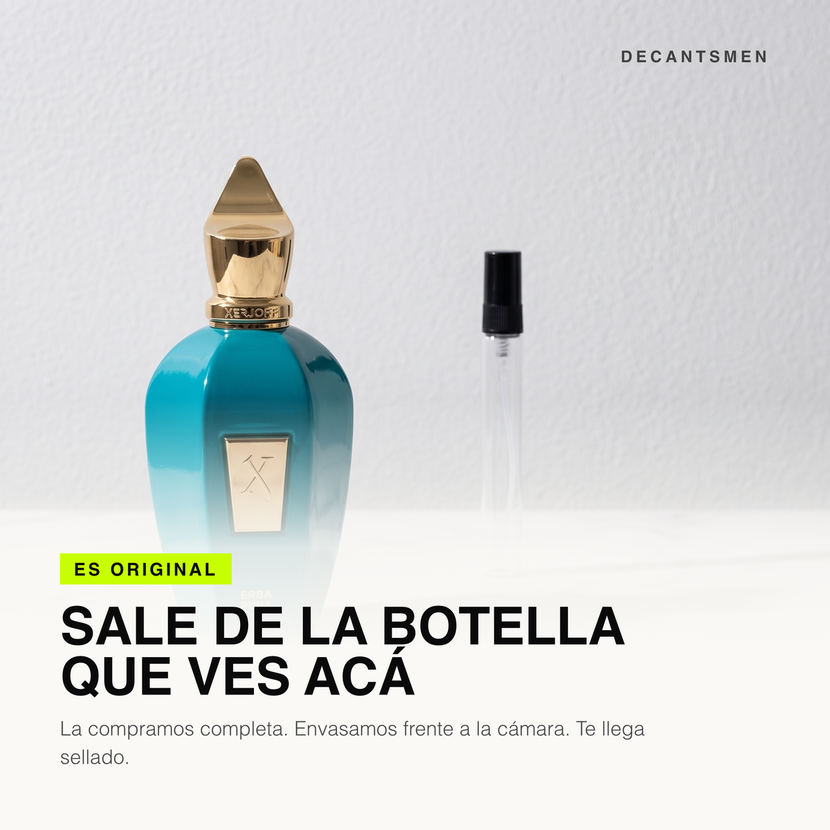 El decant de Xerjoff Erba Pura sale de la botella original, envasado frente a la camara