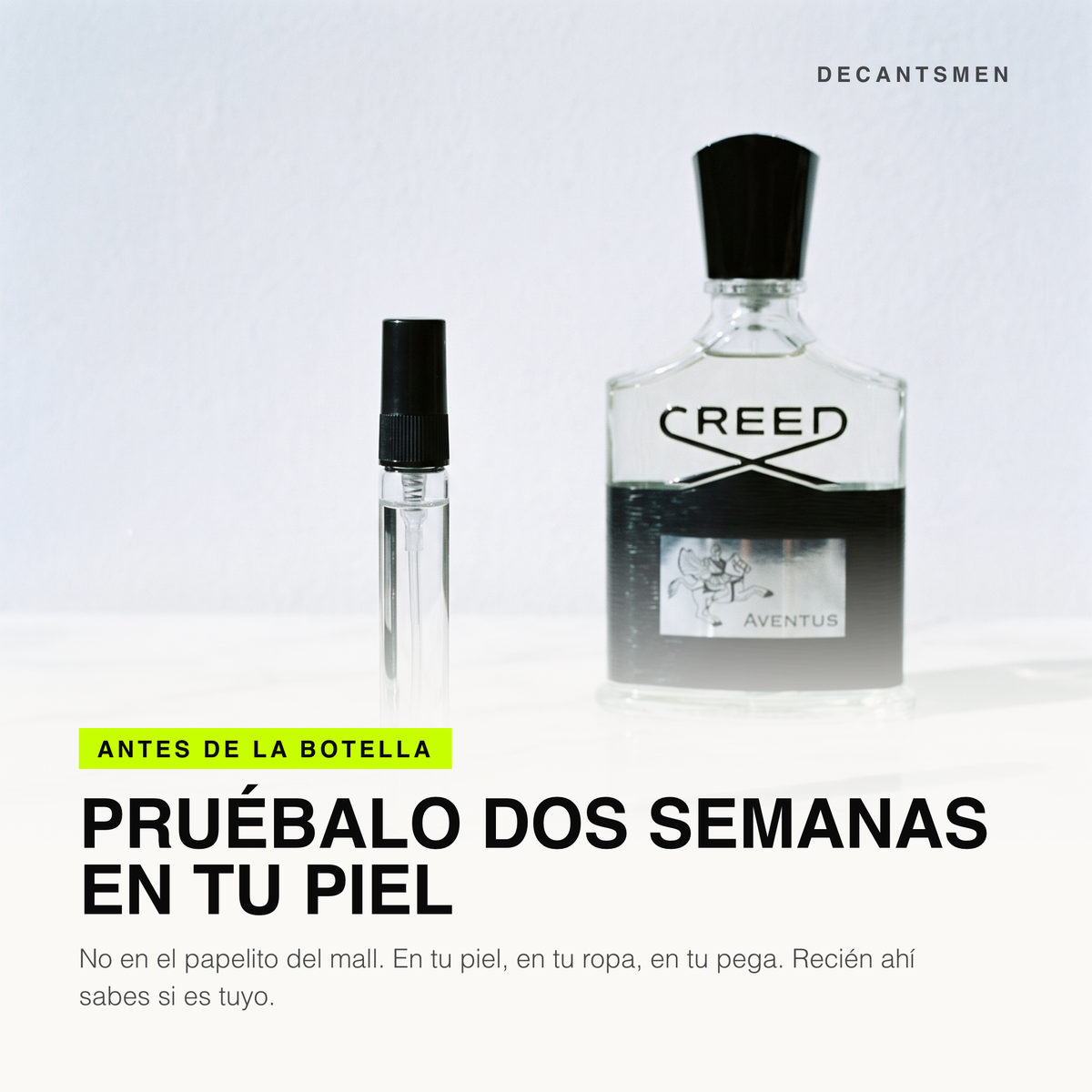 Decant de Creed Aventus junto a la botella original: pruebalo dos semanas en tu piel