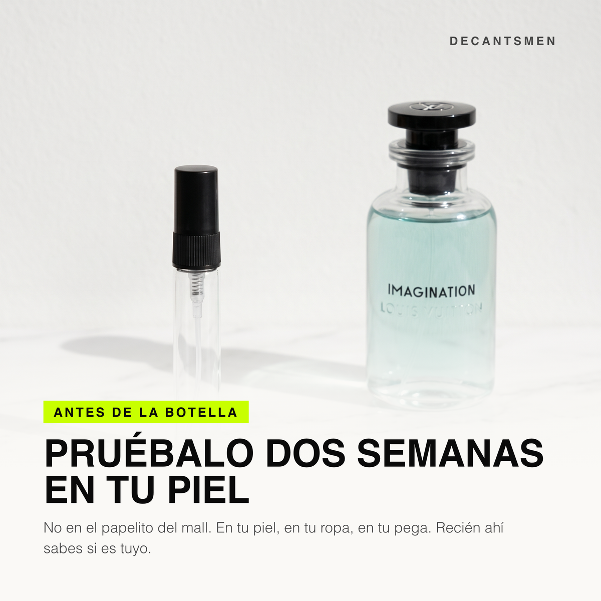 Decant de Louis Vuitton Imagination junto a la botella original: pruebalo dos semanas en tu piel