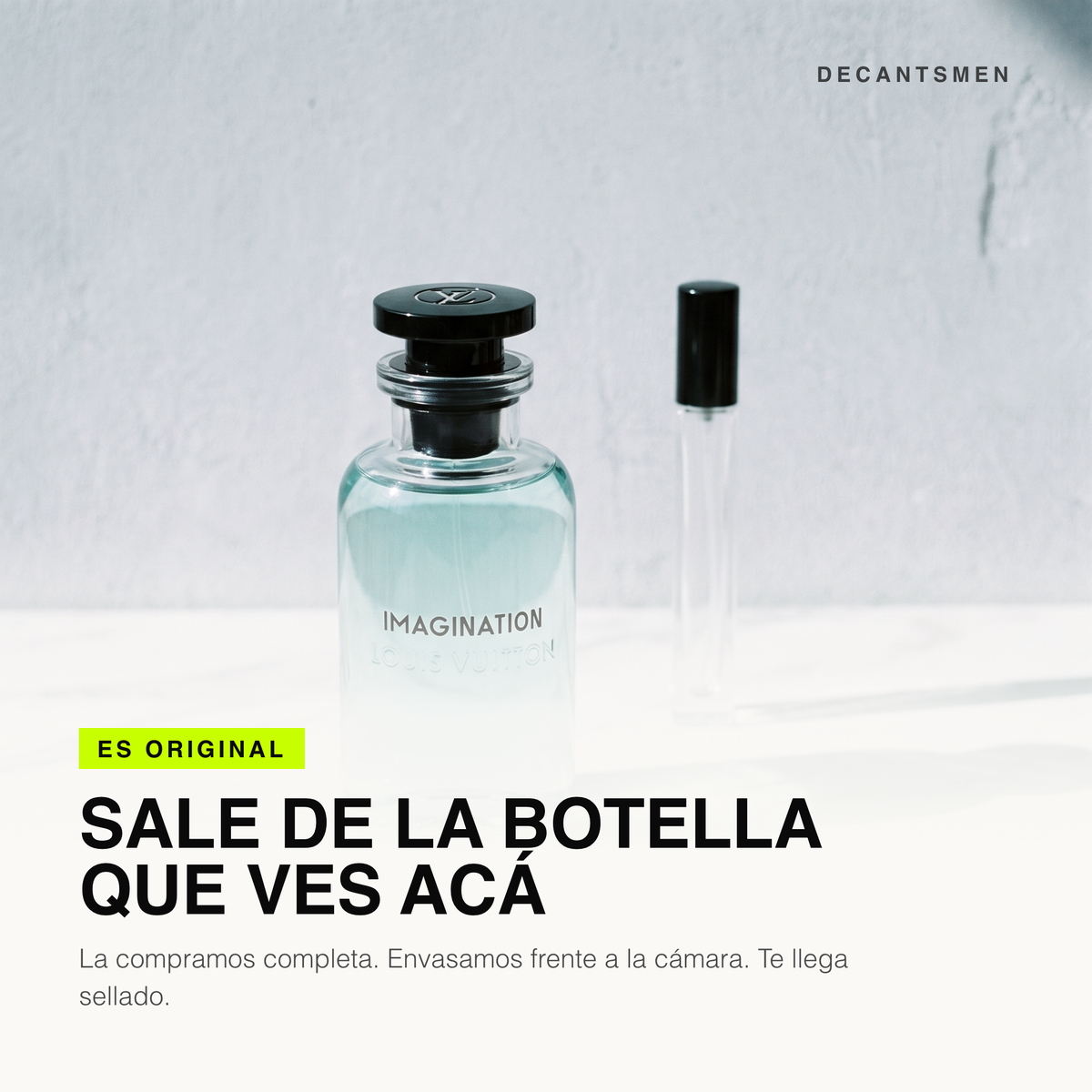 El decant de Louis Vuitton Imagination sale de la botella original, envasado frente a la camara