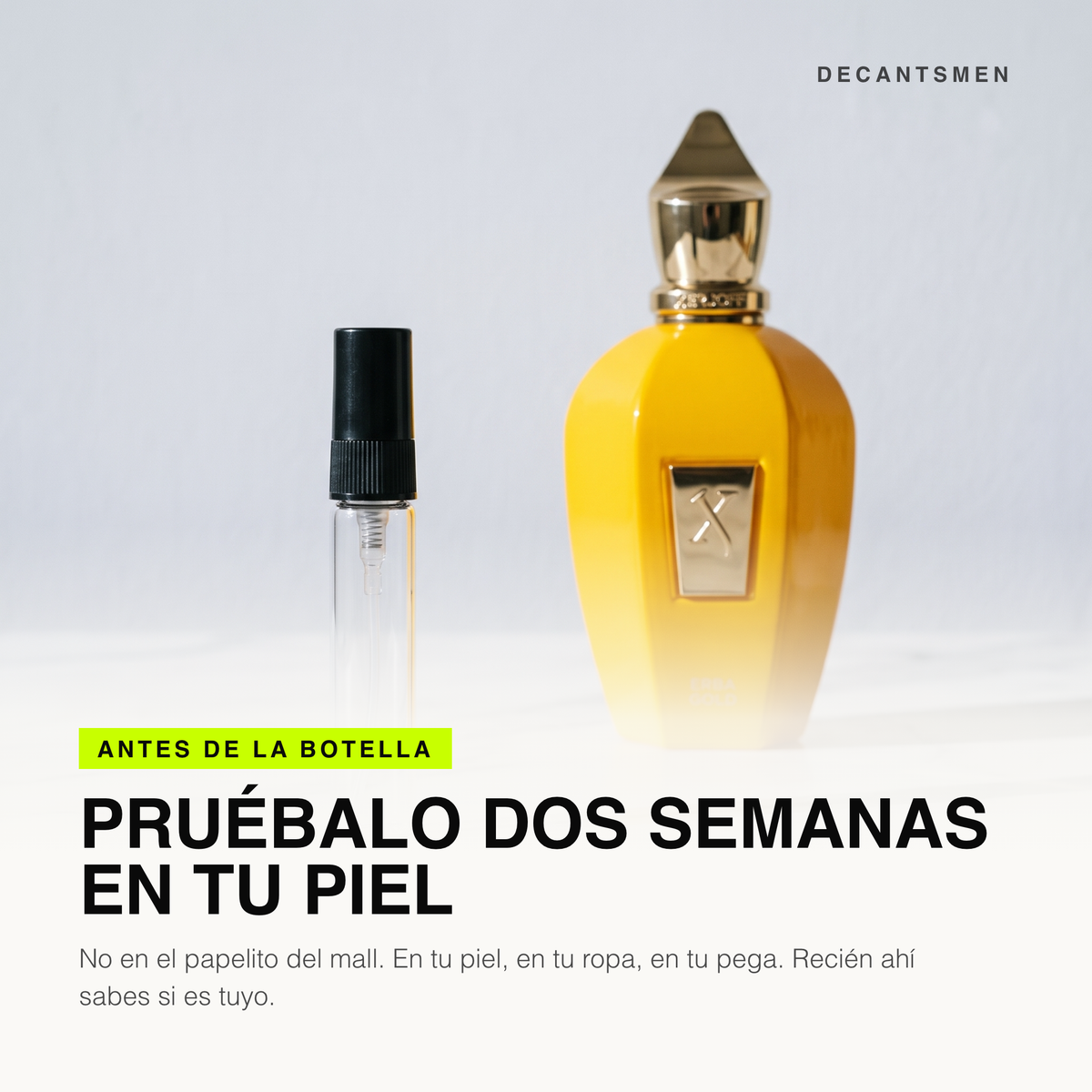 Decant de Xerjoff Erba Gold junto a la botella original: pruebalo dos semanas en tu piel