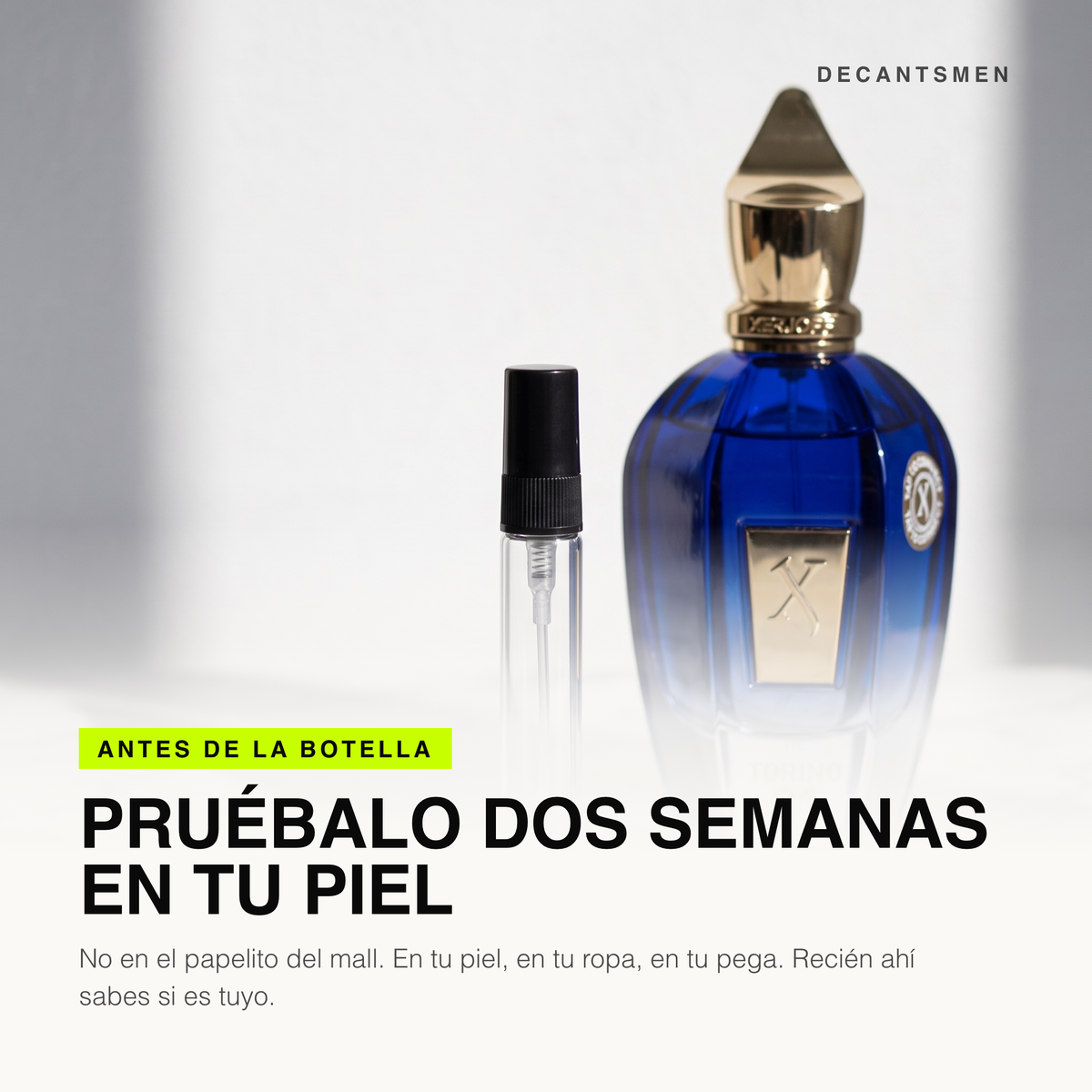 Decant de Xerjoff Torino21 junto a la botella original: pruebalo dos semanas en tu piel