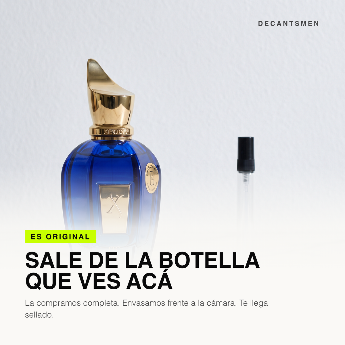 El decant de Xerjoff Torino21 sale de la botella original, envasado frente a la camara
