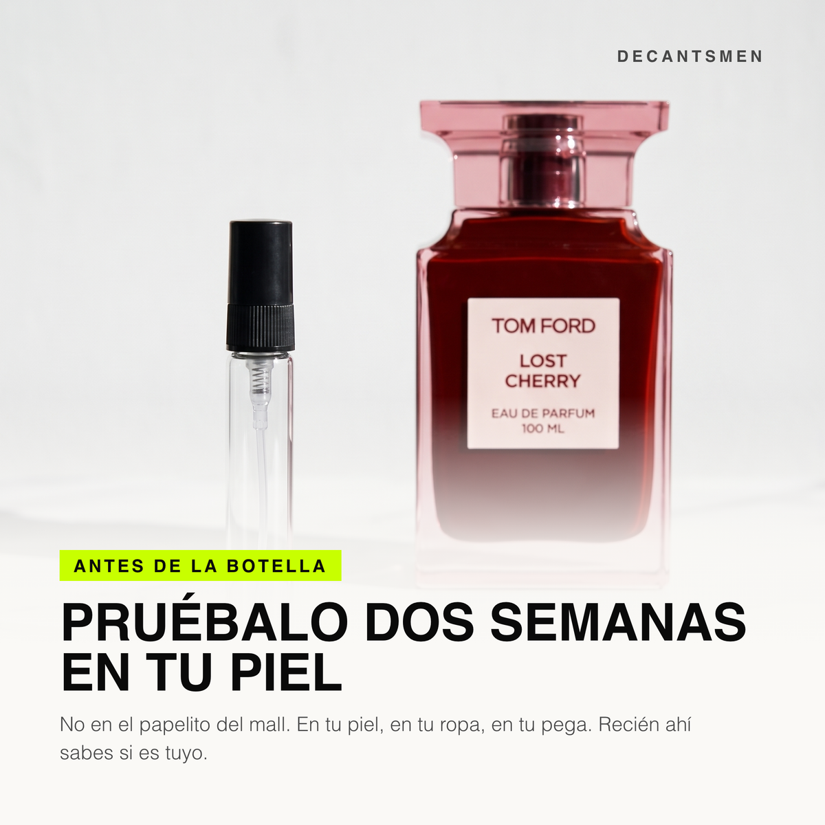 Decant de Tom Ford Lost Cherry junto a la botella original: pruebalo dos semanas en tu piel