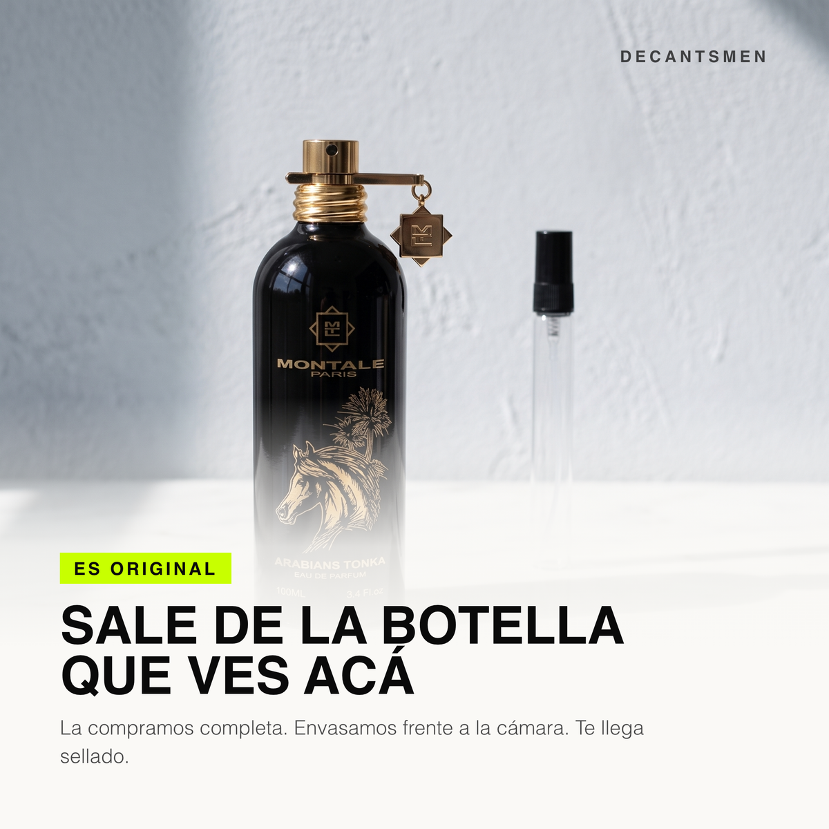 El decant de Montale Arabians Tonka sale de la botella original, envasado frente a la camara