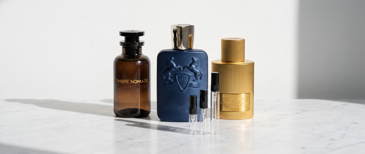 Ombre Nomade, Parfums de Marly Layton y Tom Ford Costa Azzurra junto a tres decants de 3, 5 y 10 ml
