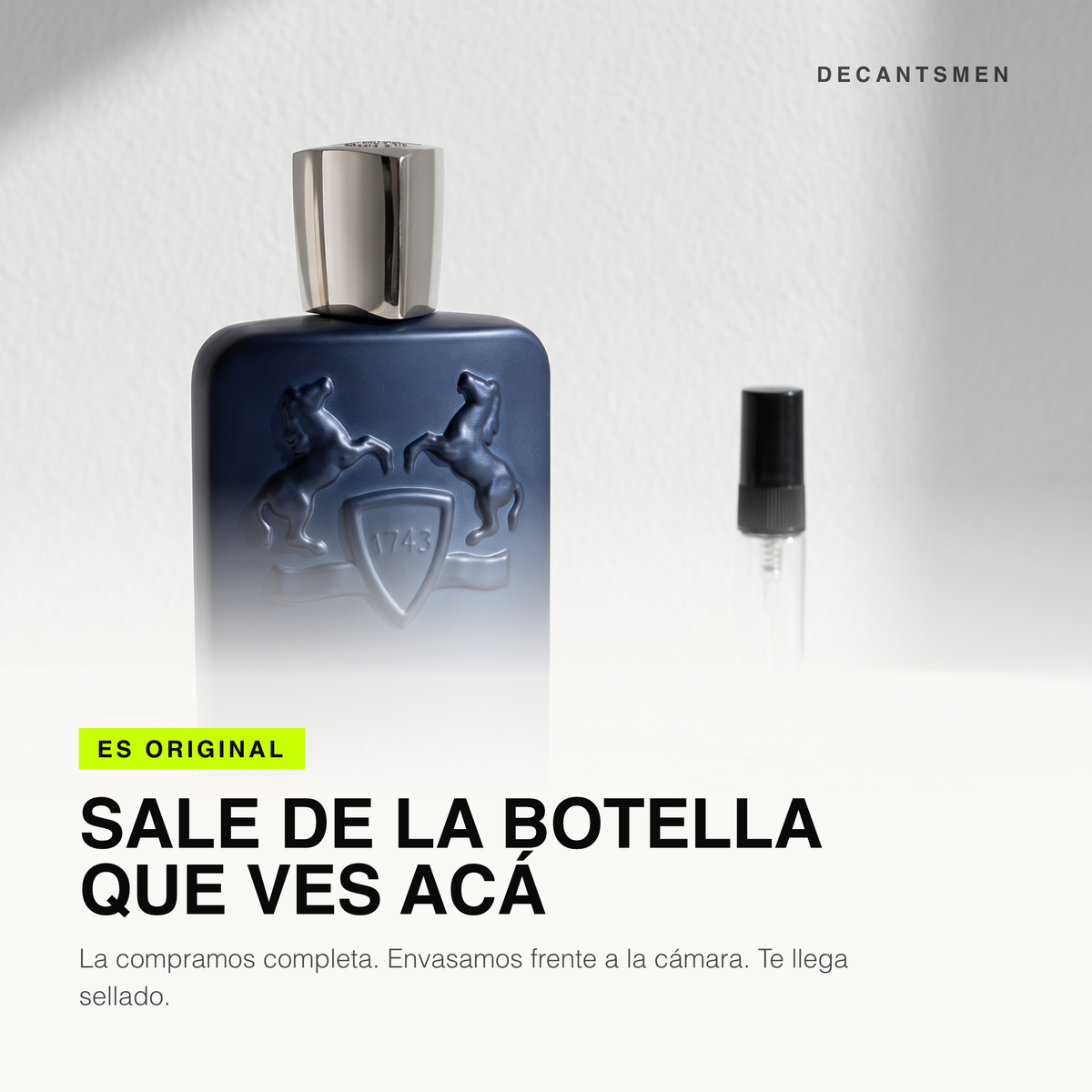 El decant sale de la botella original de Parfums de Marly Layton, con el 1743 del escudo a la vista